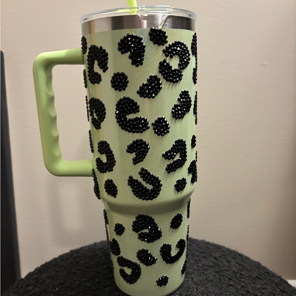Bling Leopard Print Tumbler with Handle - Black Rhinstone and Green iridescent